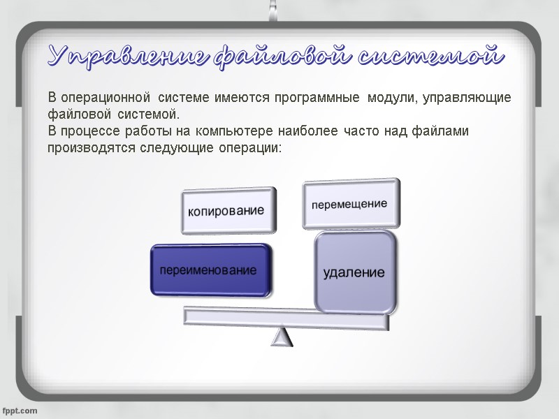 Управление файловой системой В операционной системе имеются программные модули, управляющие файловой системой. В процессе